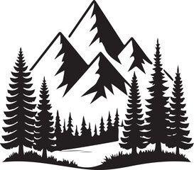 Obraz premium Crisp black silhouette of mountains and pine trees in clean geometric vector style, high-contrast landscape illustration isolated on a white background