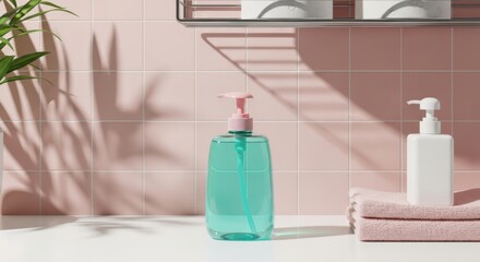 Refreshing teal skincare bottle with pink pump and soft pink towels on a bathroom counter