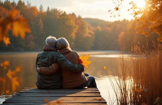 Elderly couple embrace on wooden pier near calm lake water. Man and woman enjoy autumn nature, colorful trees, warm sunlight. Woman holds yellow leaf. - Powered by Adobe