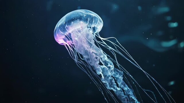 Mesmerizing Jellyfish Drifting Gracefully in Dark Ocean Waters with Bioluminescent Glow.