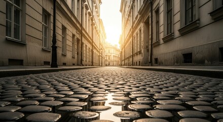 Golden hour sunlight illuminates a cobblestone street lined with old european buildings
