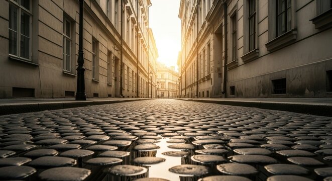 Golden hour sunlight illuminates a cobblestone street lined with old european buildings - Powered by Adobe
