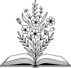 Botanical Floral Illustration Growing from Open Book, Open book with flowers growing from pages hand drawn illustration