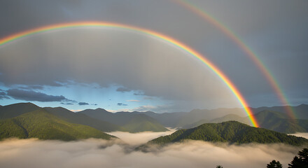 Double Rainbow over Foggy Mountain Range