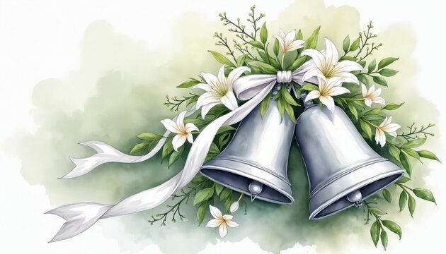 Elegant silver wedding bells with white lilies and green foliage tied by a ribbon. This watercolor illustration signifies love, union, and celebration.