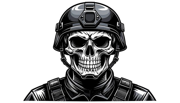 Digital illustration of a skull wearing a combat helmet and tactical vest, looking directly at the viewer against a plain white background
