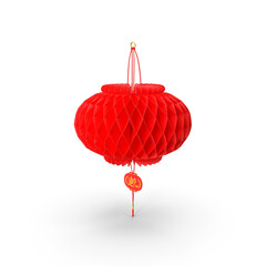 Red paper Chinese lantern hanging with cord on transparent background
