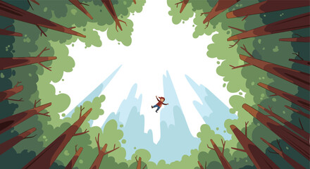 Obraz premium Pixel art perspective looking up at person falling through a dense green forest with misty blue mountains in background
