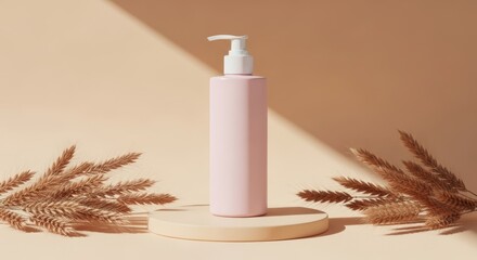 Elegant pink dispenser bottle on pedestal surrounded by dried pampas grass with soft shadow play