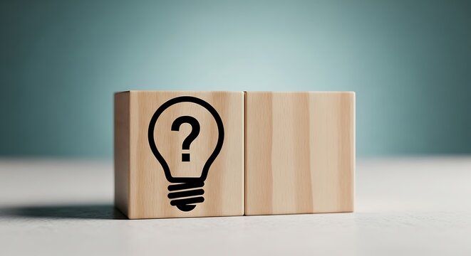 A lightbulb with a question mark inside it, symbolizing a question or an idea, on a wooden block