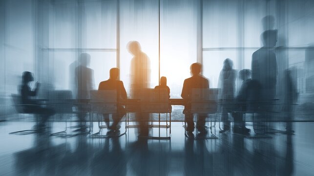 Modern office meeting with silhouettes of business team brainstorming ideas, collaborative teamwork for corporate strategy and innovative solutions