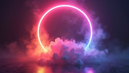 Neon circle glows in colorful fog clouds above water surface reflecting neon light. Abstract geometric background with mystical atmosphere. Futuristic cyber digital concept.