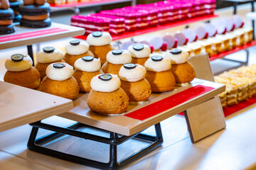 Karisik Turk tatlilari. New dessert varieties at the  luxury hotel open buffet. Milk-based desserts,  Turkish Dessert Sobiyet, havuc dilimi, midye baklava, mussels baklava and classic baklava. 