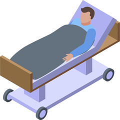 Man Lying On A Hospital Bed Under A Grey Blanket In A Medical Facility With Light Blue Sheets And Wooden Headrest And Wheels