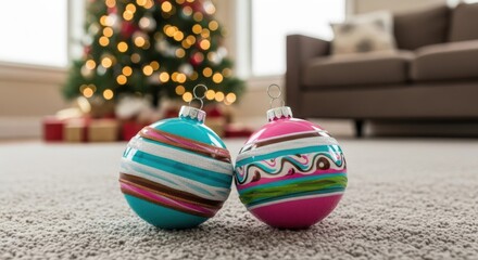 Two festive colorful christmas ornaments rest on a carpet in front of a blurred glowing holiday tree and sofa