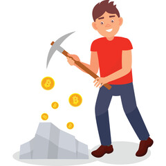 Man Mining Cryptocurrency with Pickaxe Surrounded by Bitcoin Symbols and Rocks on White Background