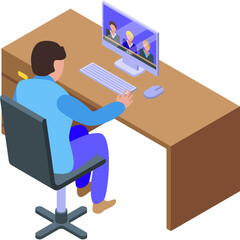 Man participating in a video conference meeting from a home office desk with a computer screen showing colleagues on a white transparent background