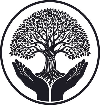 Tree of life hands illustration black and white oval frame