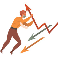 Man Pushing Upward Trending Graph With Mask On Face In Orange Shirt Brown Pants On Transparent Background Represents Financial Growth And Economic Recovery