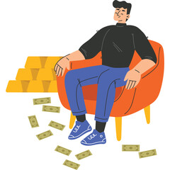 Man Relaxing on Orange Armchair Surrounded by Gold Bars and Scattered Dollar Bills on a Transparent Background