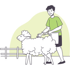 Man Shearing Sheep with Scissors in a Farmyard with Pale Green Background and Wooden Fence Illustration Flat Design