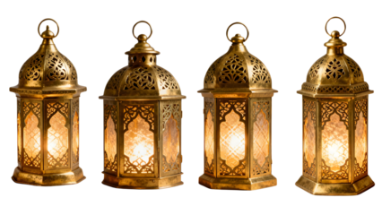 Four ornate golden Moroccan lanterns with intricate metalwork and glowing light, isolated on a white background.