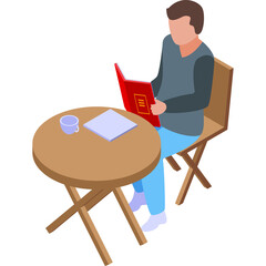 Man Sitting at a Round Wooden Table Reading a Red Book with a Cup and Paper on Transparent Background