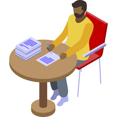 Man In Yellow Long Sleeve Shirt Sitting At A Round Wooden Table With Papers And Pen