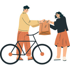 Man In Yellow Shirt With Bicycle Handing Paper Bag To Woman In Black Shirt And Orange Skirt On White Background