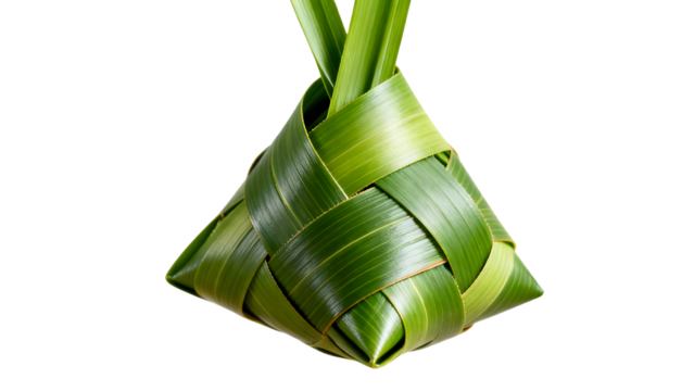 Intricately woven green palm leaf container, often used for traditional food, against a white background.
