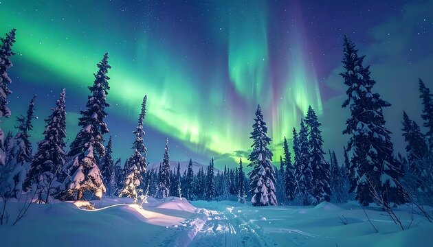 Snow-covered trees beneath a vibrant aurora borealis display - Powered by Adobe