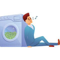 Man Leaning Against Washing Machine Filled With Money Enjoying A Whistle With Musical Notes Floating Around Him In A Light Blue Suit With Red Shoes And Red Hair on Transparent Background