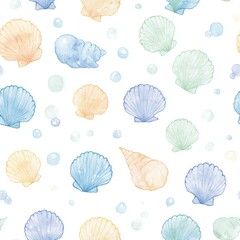 Soft Colorful Seashell Patterns on White Background for Beach and Ocean Themed Projects. Seamless Pattern