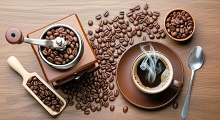 Steaming Hot Cup of Coffee on a Rustic Wooden Table