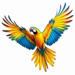 Fototapeta premium A vibrant macaw spreads its wings in midflight, showcasing its brilliant blue, yellow, and orange feathers isolated on white background