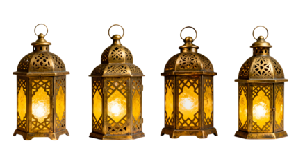 Four ornate brass lanterns with intricate patterns glowing with warm light, isolated on a white background.