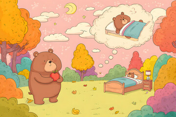 Cute bear walking in autumn park illustration in soft storybook style