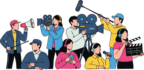 Diverse Film Crew Working Together on a Movie Set with Cameras Microphones and Megaphone