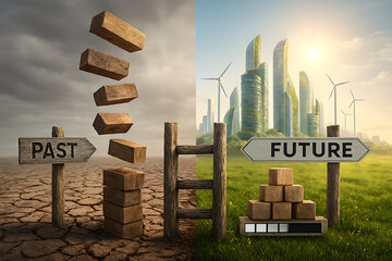 Transforming challenges into opportunities, building a greener future from the past, sustainable progress visualized, envisioning ecological renewal