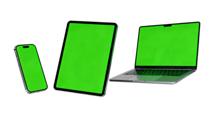 Three modern electronic devices, a smartphone, tablet, and laptop, with vibrant green screens for digital content display or chroma key.