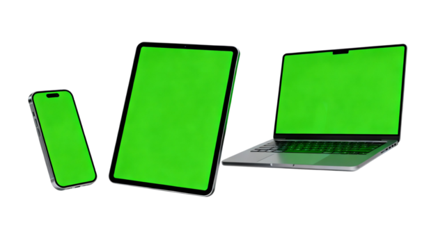 Three modern electronic devices, a smartphone, tablet, and laptop, with vibrant green screens for digital content display or chroma key. - Powered by Adobe