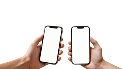 Two hands holding modern smartphones with blank white screens against a white background, perfect for app display or communication concepts.