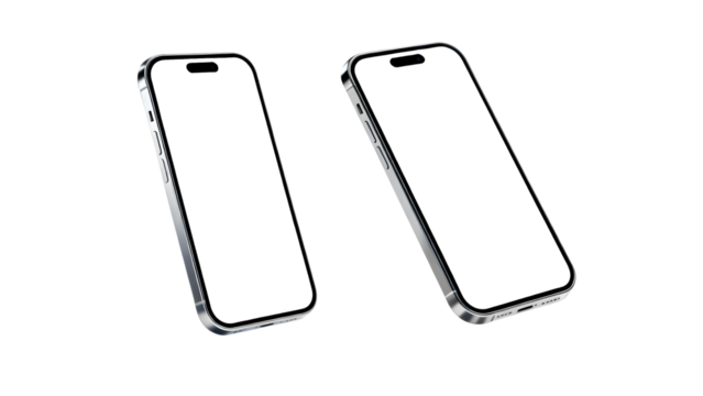 Two modern smartphones with blank white screens, angled on a white background, perfect for mockup presentations.