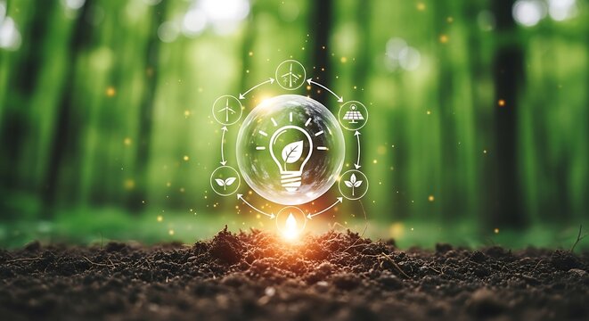 Ecofriendly innovation concept with glowing light bulb and leaf icon in a forest setting