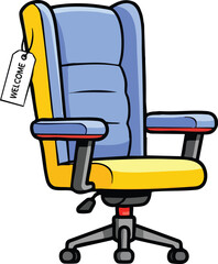 Office chair with welcome tag on white background cartoon style