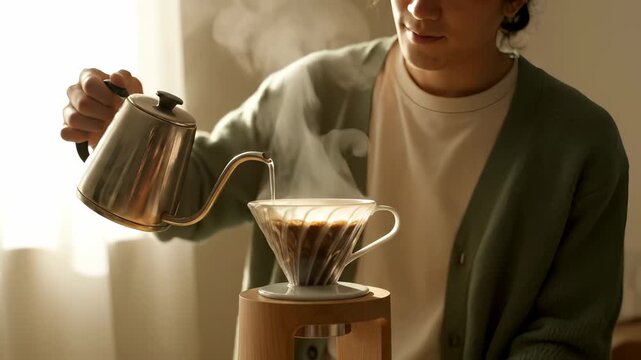 Barista pours steaming water over coffee. Ceramic dripper holds rich brew. Morning light enhances aroma. Precise pouring creates flavorful coffee. Home brewing ritual with skilled precision.