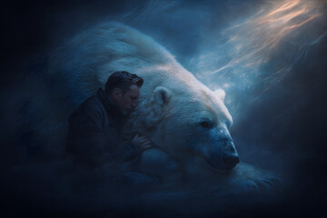 Fantasy cinematic art of human and bear symbolizing protection and coexistence