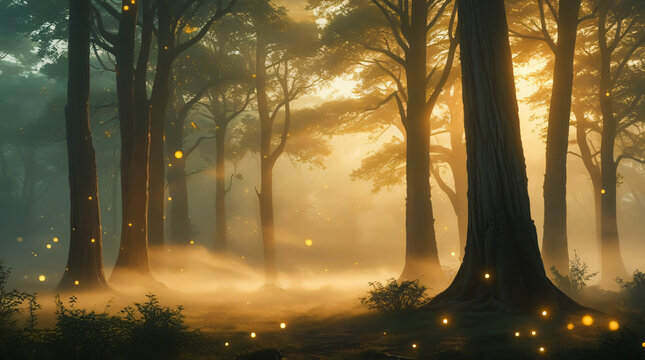 Fantasy forest at dawn, gentle mist, ancient trees. Soft golden light, floating glowing dust particles, volumetric rays. Magical atmosphere. Spiritual journey. Art, covers, wallpapers, poster, website