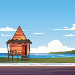 vector illustration of a beach with a road and wooden houses