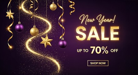 New Year's Sale banner, holiday decorations, glittering gold and purple ornaments and shimmering streamers advertising discounts of up to 70 percent on holiday purchases.